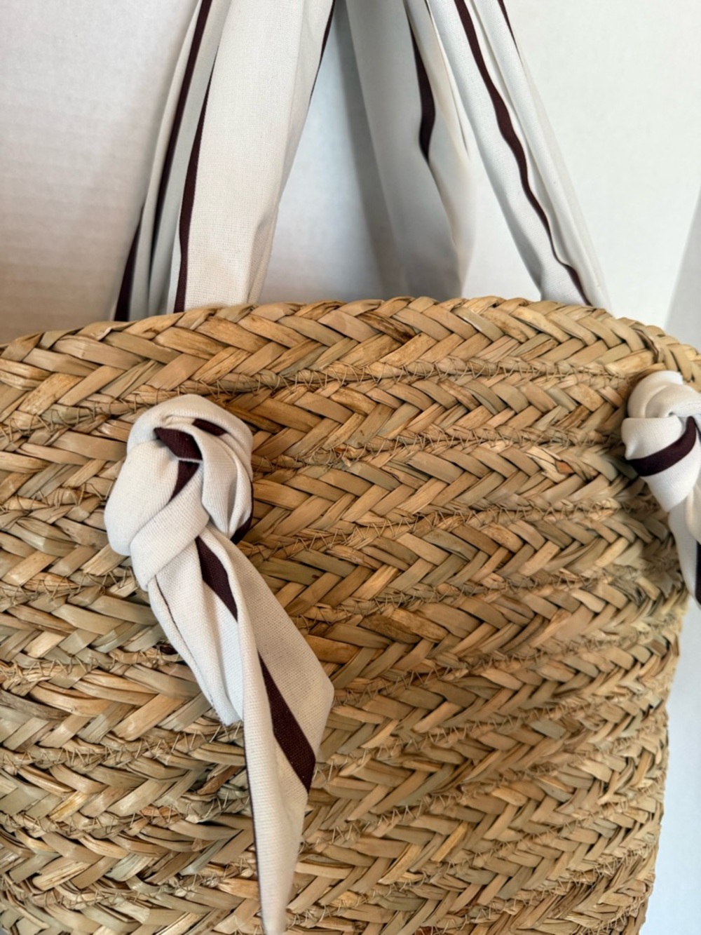 Woven Straw Tote with Cream & Brown Scarf Handles Beach or Pool Bag - Picture 5 of 5
